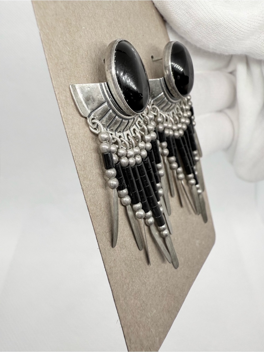 Vintage Southwestern Sterling Silver Black Onyx Fringe Dangle Statement Earrings - Picture 3 of 11